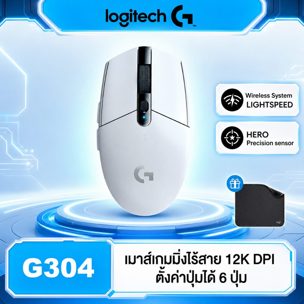 Logitech G304 LIGHTSPEED™ Wireless Gaming Mouse 12,000 DPI, 6 Makro Keys - White ( เมาส์เกมมิ่ง ไร้สาย)