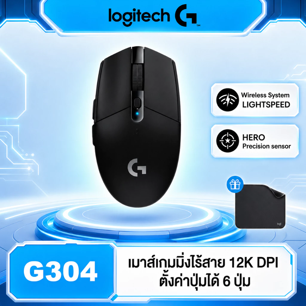 Logitech G304 LIGHTSPEED™ Wireless Gaming Mouse 12,000 DPI, 6 Makro Keys - Black ( เมาส์เกมมิ่ง ไร้สาย)