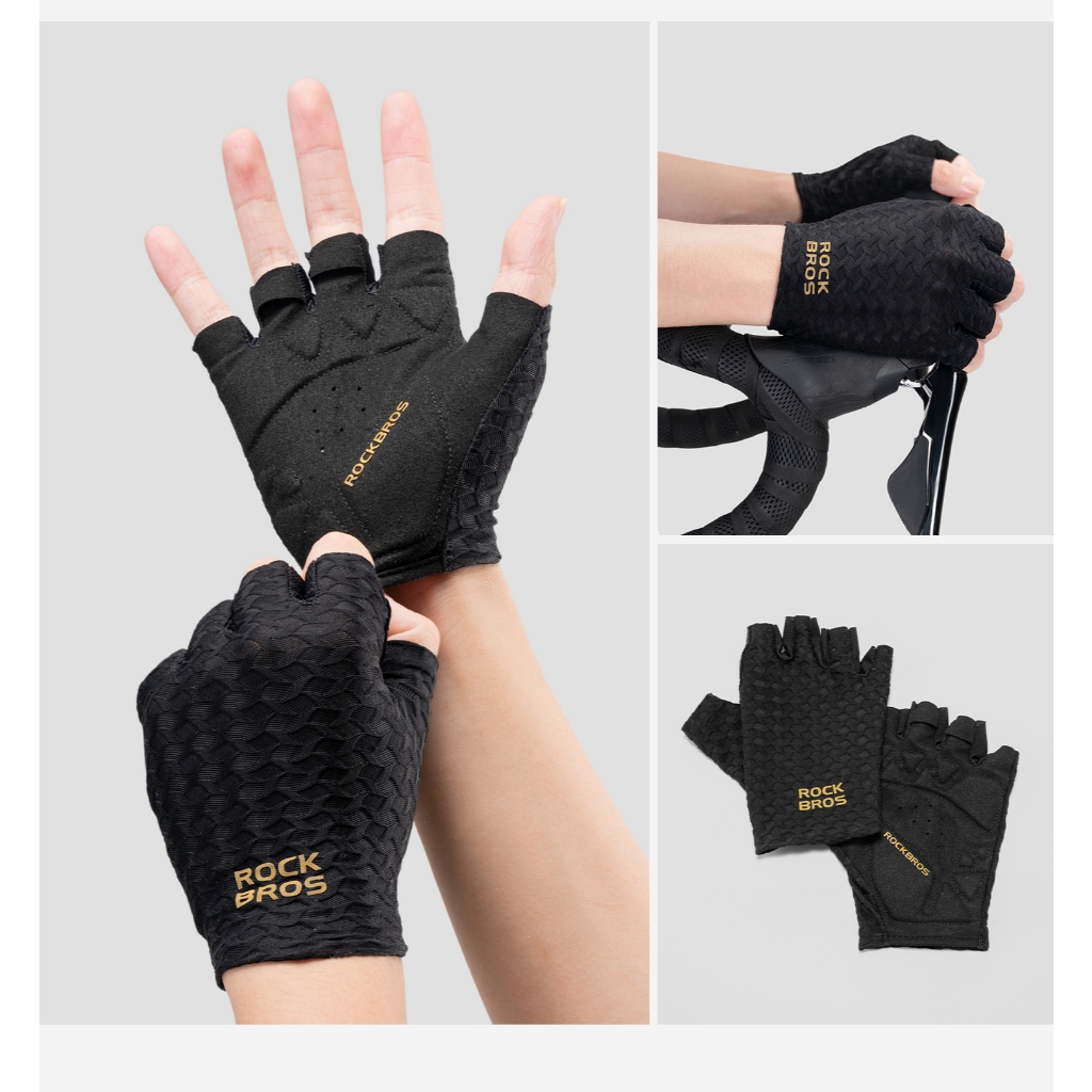 ROCKBROS ถุงมือจักรยาน ครึ่งข้อ โลโก้ทอง ซับแรงกระแทก SBR ผ้ายืดหยุ่น ไร้รอยต่อ เบาสบาย ออกกำลังกาย ฟิตเนส — صورة 4