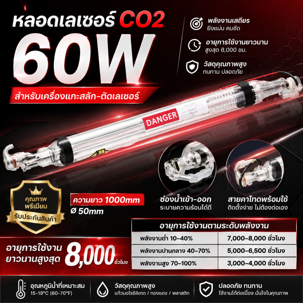 จัดส่งในพื้นที่+COD 60W CO2 LASER TUBE สําหรับ LASER ENGRAVER CUTTING MACHINE