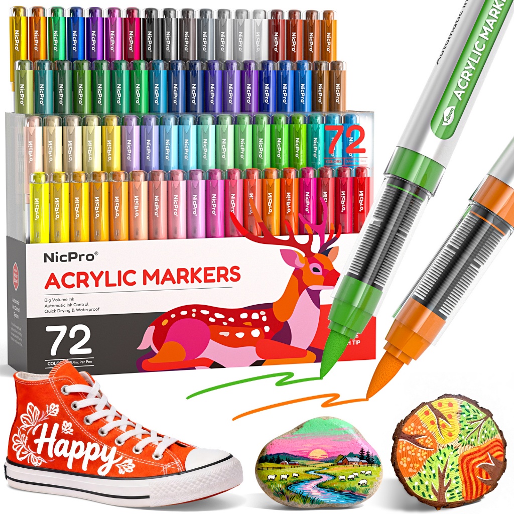 Nicpro 72 สีอะคริลิคเครื่องหมายสีแปรงเคล็ดลับ,สีน้ําNo-Bleed Paint Markers พร้อมการควบคุมหมึกอัตโนมัติ, ปากกาสีอะคริลิคกันน้ําสําหรับ DIY Art & Crafts - Rock, ไม้, Gl