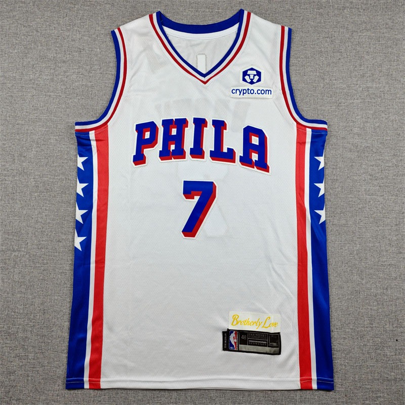 ผู้ชาย 76ers Jaylen Brown #7 Swingman Jersey เสื้อบาสเก็ตบอลกีฬากลางแจ้งสีน้ําเงิน / สีขาวผู้ชาย