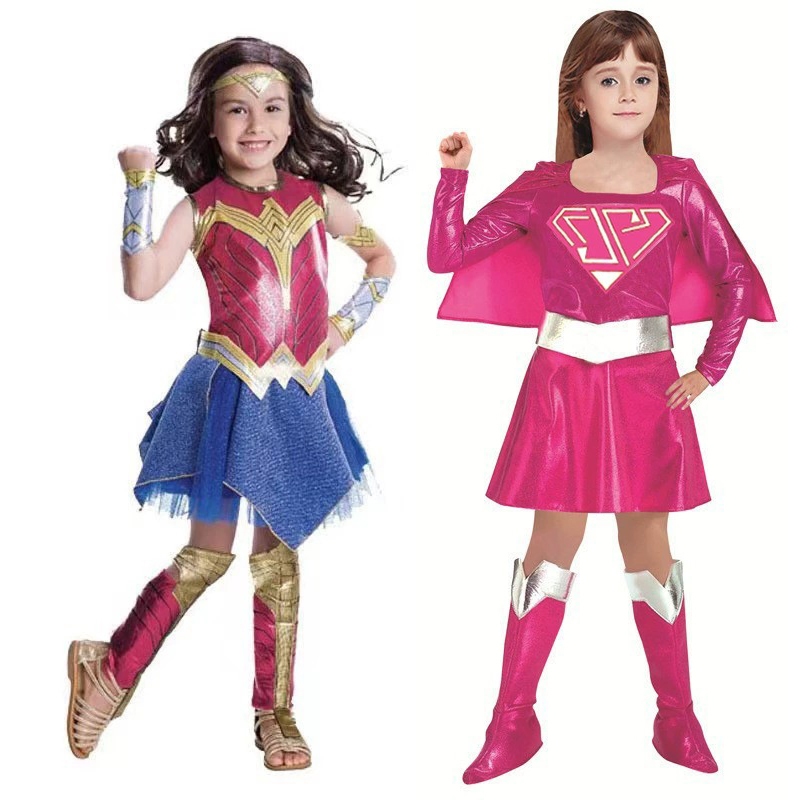 Supergirls เครื่องแต่งกายคอสเพลย์ชุดรองเท้าชุด Superhero เด็กฮาโลวีน Wonder Woman Stage Performance 