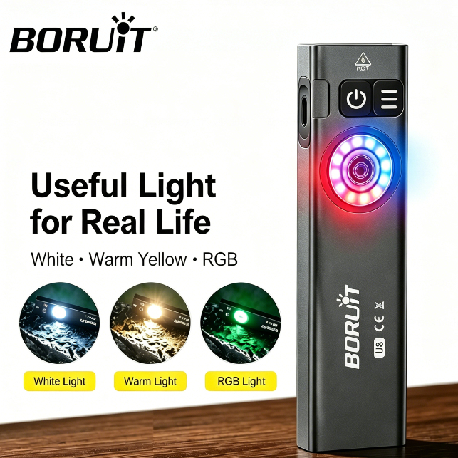 BORUIT U8 EDC ไฟฉายแบน 650LM หลายสี RGB ไฟด้านข้างคลิปบนหางแม่เหล็กพร้อมฟังก์ชั่นหน่วยความจํา C-Type ชาร์จ Camping การบํารุงรักษาฉุกเฉินเดินป่าท่องเที่ยว