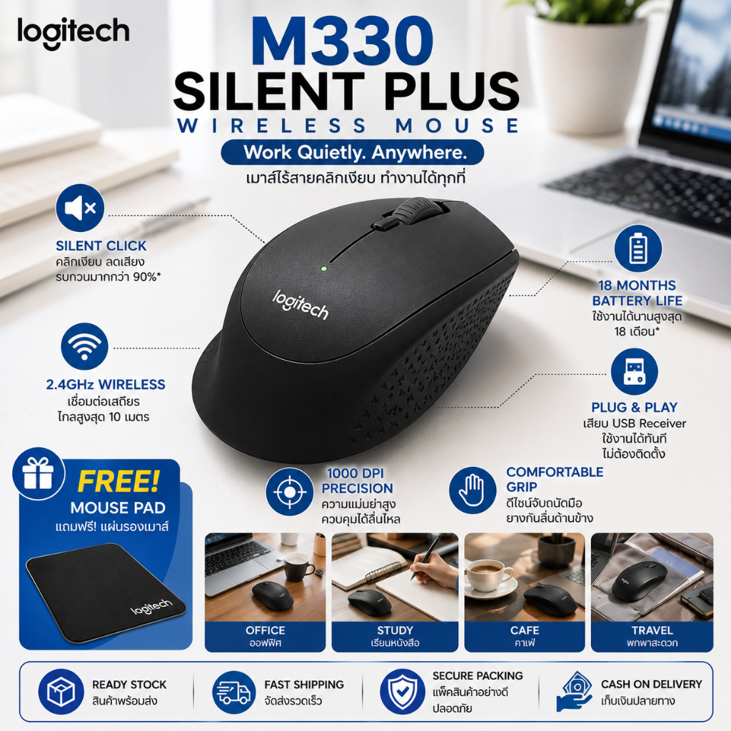 Logitech M330 Silent Plus Wireless Mouse เมาส์ไร้สาย เมาส์เงียบ USB สำหรับ Laptop PC