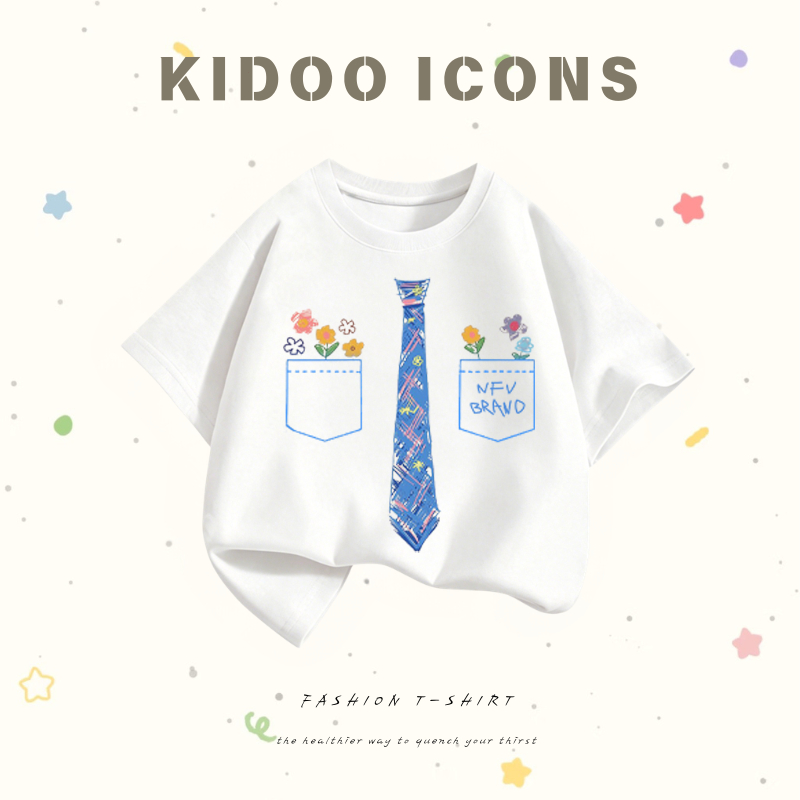 KIDOO ICONS เสื้อยืดเด็กคอกลมผ้าฝ้าย 100% เนคไทดอกไม้ แขนสั้น สไตล์เกาหลี #TZSLN+5605