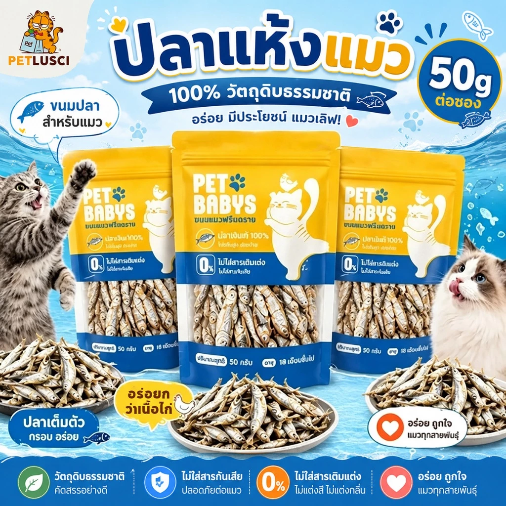 PETLUSCI® ขนมแมว ปลาแมว โปรตีนสูง ไม่เค็ม ปลอดภัยต่อไต ขนาด 50 กรัม ใหม่ทุกวัน ไม่ใส่สารกันเสีย สุนัขก็ชอบทาน