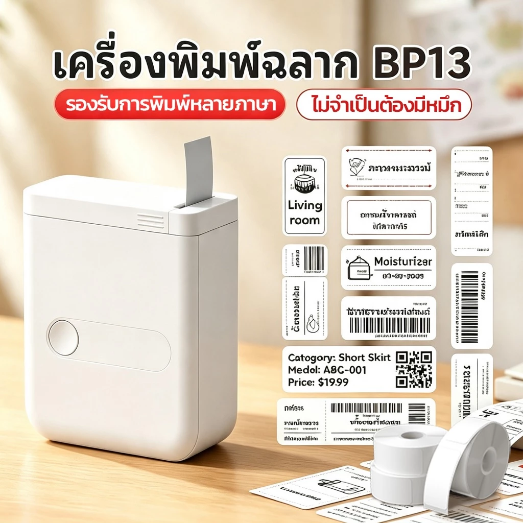 BP13 เครื่องพิมพ์ฉลาก บลูทูธเครื่องพิมพ์สติกเกอร์ เครื่องปริ้นสติ๊กเกอร์ ไม่ต้องหมึก ป้ายราคา บาร์โค้ด ป้ายชื่อ วันหมดอายุ สำหรับบ้าน ร้านค้า คลังสินค้า