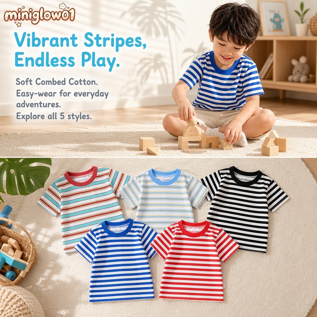 【พร้อมส่ง】【เสื้อเด็กผู้ชาย】เสื้อยืดเด็กชาย-หญิง แขนสั้น ลายทาง ผ้าคอตตอน นุ่ม ระบายอากาศ ราคาถูก อายุ 3-10 ปี ใส่โรงเรียน มีหลายสี