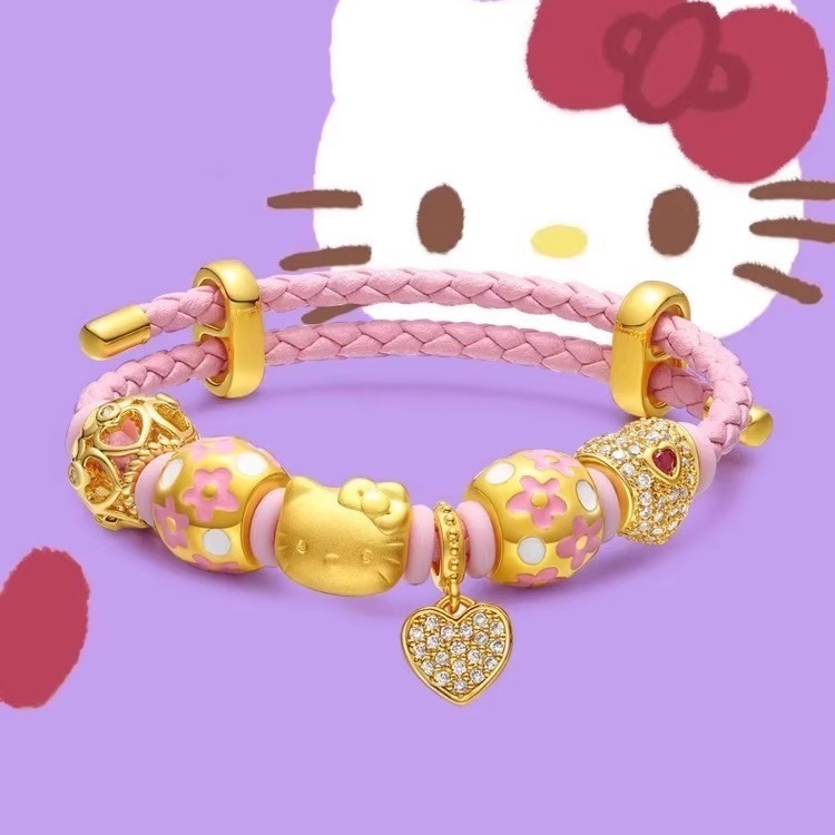 999 Pure Gold Clad Silver HelloKitty Cat Leather Rope Bracelet