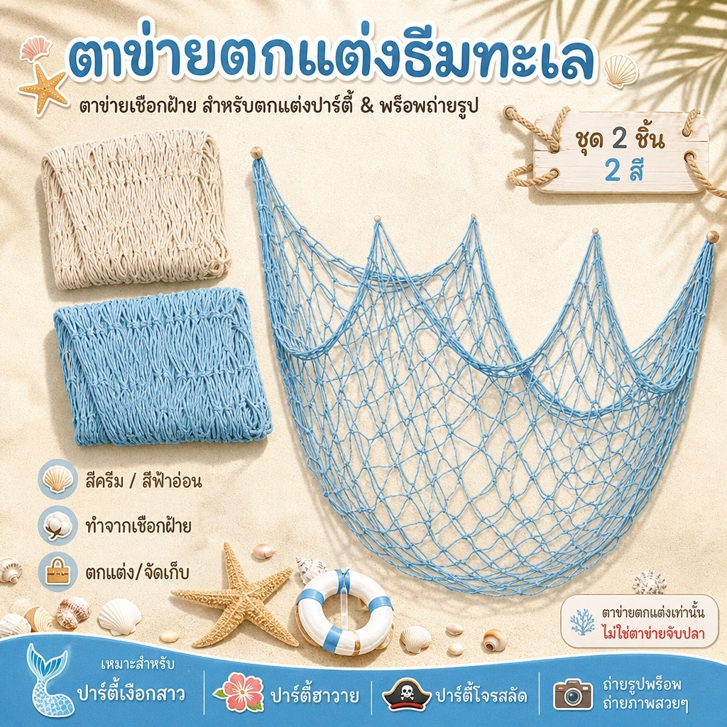 ตาข่ายตกปลา ผ้าฝ้าย สีเบจ สําหรับตกแต่งปาร์ตี้ 2 ชิ้น พร็อพตาข่ายนางเงือก DIY ตาข่ายตกปลา สําหรับแขวนตกแต่งงานปาร์ตี้ ชายหาด