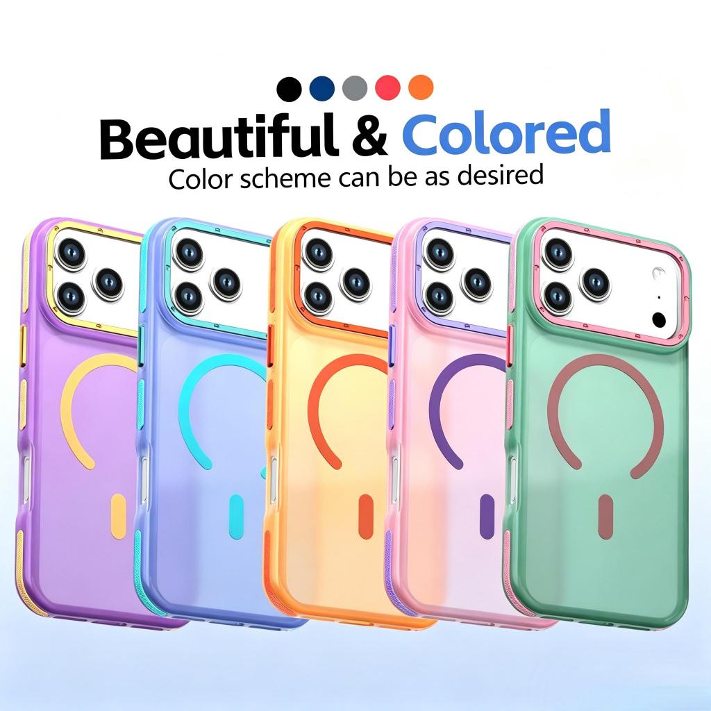 Candy Contrast กรอบสีแม่เหล็กเคสโทรศัพท์กึ่งโปร่งใสถุงลมนิรภัยสี่มุมกันกระแทกสําหรับ iPhone 17 Pro Max, 16 Pro Max, 15, 14, 13, 12 Pro Max