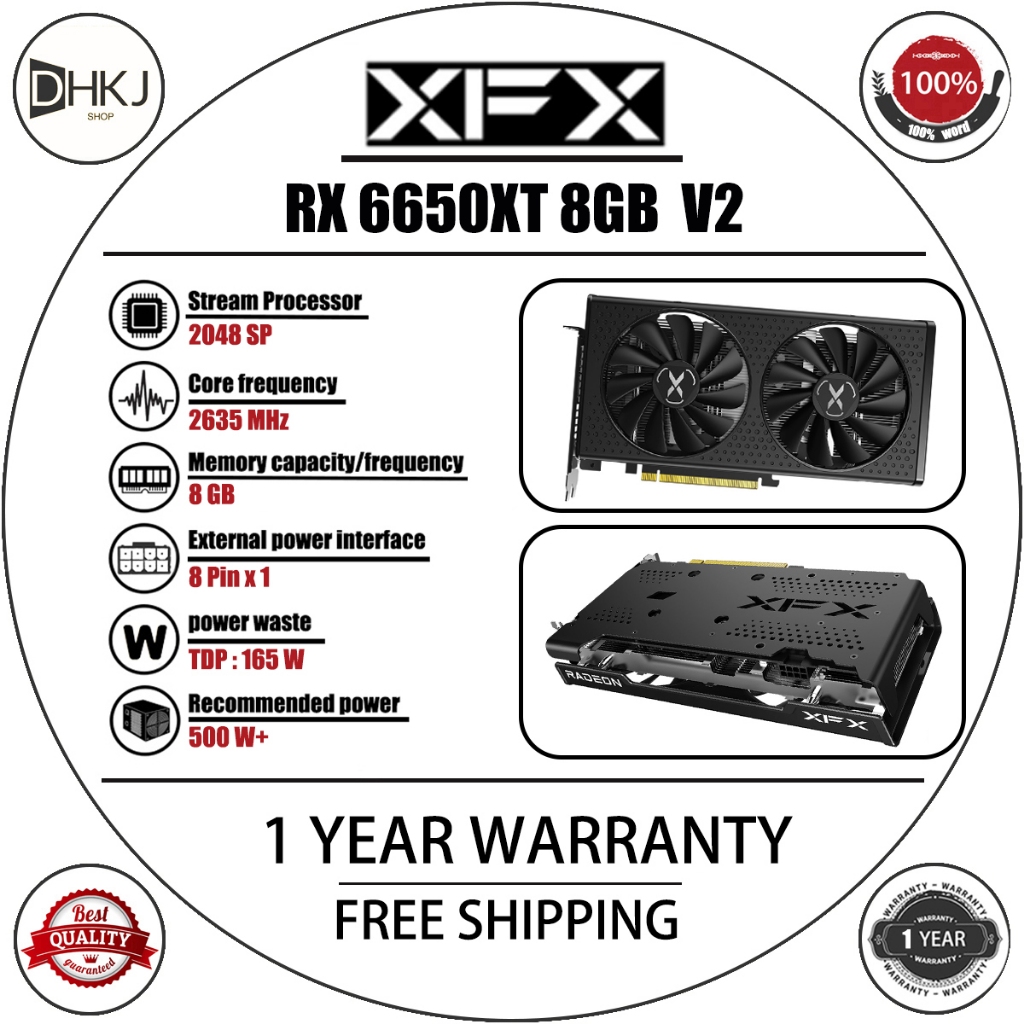 ใช้ XFX RX 6650 XT 8GB / เวอร์ชั่นต่างประเทศ V2 กราฟิกการ์ดสําหรับเล่นเกม, GPU เดสก์ท็อป, รับประกันร