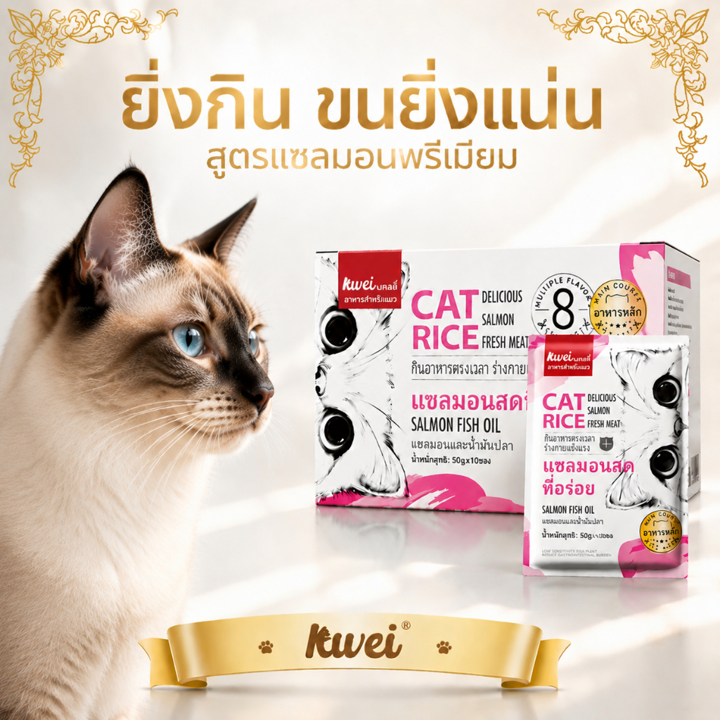 [พร้อมส่ง] อาหารเปียกแมว ขนสวย ลดขนร่วง ปลาแซลมอน มื้อหลัก อร่อยๆ ผสมวิตามิน ตัวแน่น สูตรครบถ้วน KWEI