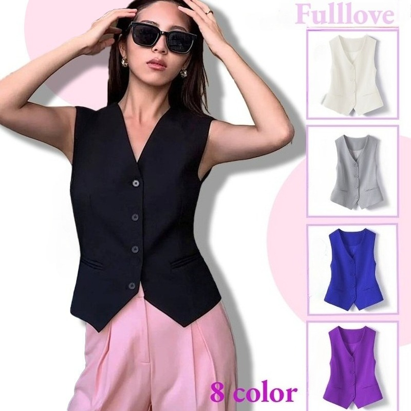 [ส่งไวจากไทย] Fulllove เสื้อสูทคอวีเสื้อนอกย้อนยุคสไตล์สั้นแขนกุดขนาดใหญ่สีดําสบายแฟชั่นสตรีเสื้อกั๊กแจ็คเก็ต