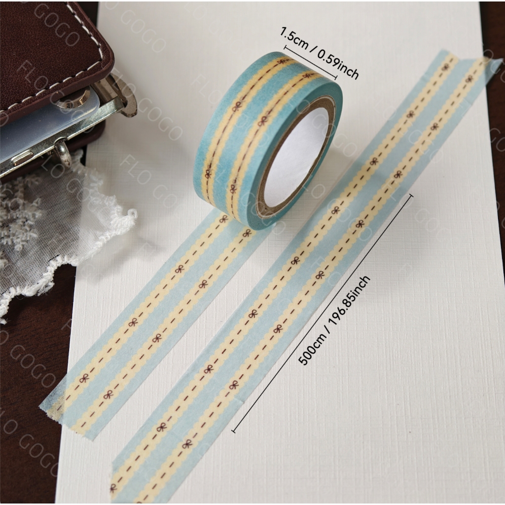เทปวาชิ 15mm × 5m ลายโบว์และริบบิ้นเย็บสีฟ้าพาสเทล สำหรับสมุดและแพลนเนอร์ Flo gogo