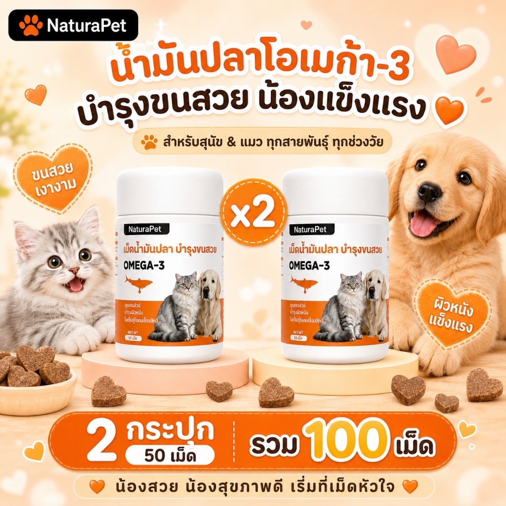 เม็ดเคี้ยวน้ำมันปลาแซลมอนและโอเมก้า 3 สำหรับสุนัขและแมว NaturaPet ช่วยดูแลผิวหนังและเส้นขน ดูแลปัญหาขนร่วง เพิ่มความน่ากิน กินง่าย แพ็ก 2 กระปุก กระปุกละ 50 เม็ด รวม 100 เม็ด