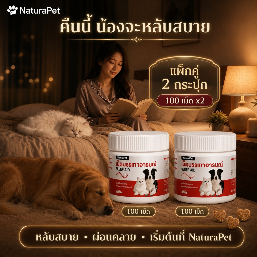 เม็ดเคี้ยวคลายเครียดสำหรับสุนัขและแมว สูตรคาโมมายล์ ช่วยให้สงบ ผ่อนคลายอารมณ์ NaturaPet 100 เม็ด × 2 กระปุก รวม 200 เม็ด