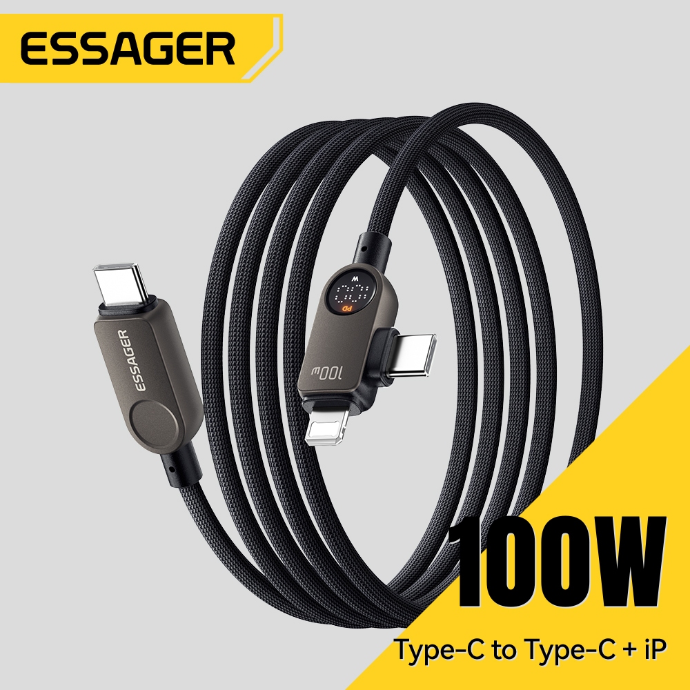 Essager CC+L 100W 2-in-1 สายเคเบิลข้อมูลจอแสดงผลดิจิตอล Fast สายชาร์จข้อมูลสําหรับ ip