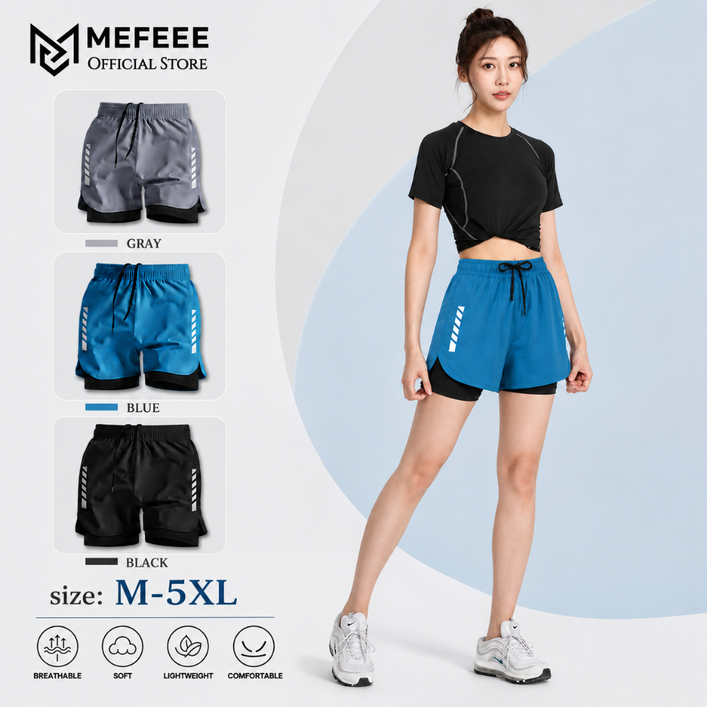 MEFEEE กางเกงกีฬาขาสั้น Unisex พร้อมซับตาข่ายแห้งเร็วสองชั้น Anti-Chafe หลายกระเป๋าสําหรับวิ่งยิมขี่จักรยาน