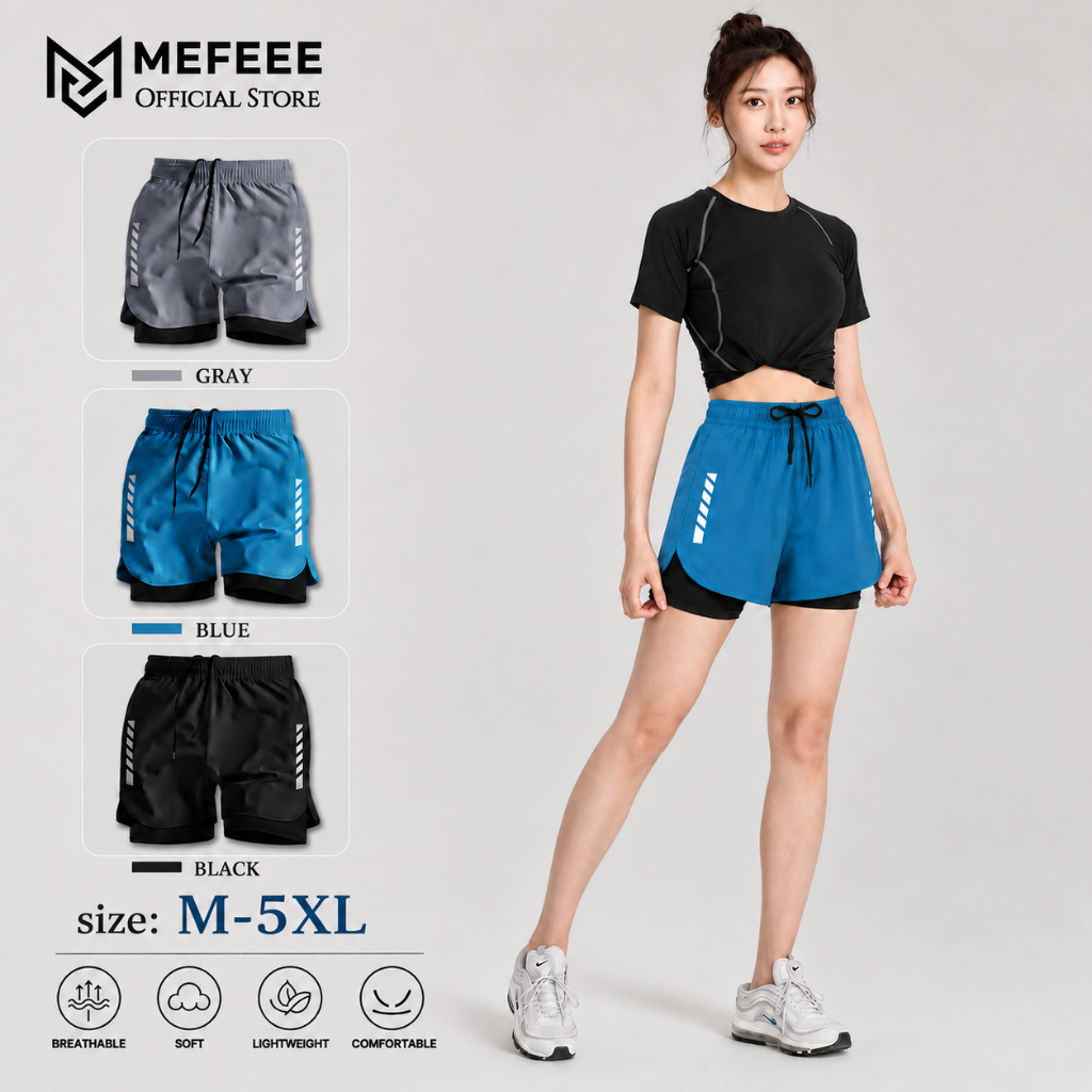 MEFEEE กางเกงขาสั้นวิ่ง 2-in-1 กระเป๋าสีขาวผู้ชาย Quick-Dry ตาข่ายระบายอากาศ Anti-Chafe Double Layer Liner