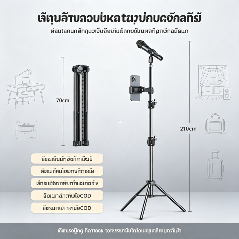 ขาตั้งไมโครโฟน ตั้งพื้น พร้อมแขนบูม (Crossbar) และที่วางโทรศัพท์ ปรับความสูงได้ 1.7 - 2.1 เมตร สำหรับไลฟ์สด ร้องเพลง อัดเสียง