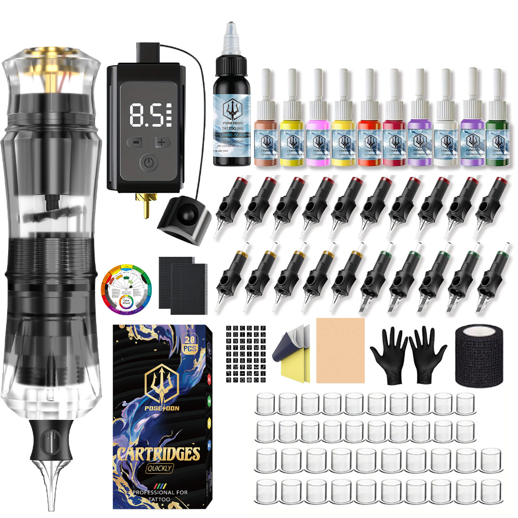 POSEIDON Tattoo Pen Kit, เครื่องสักพร้อมตลับเข็มสัก 20 ชิ้นและแหล่งจ่ายไฟไร้สายอุปกรณ์สักสําหรับผู้เริ่มต้นและศิลปิน
