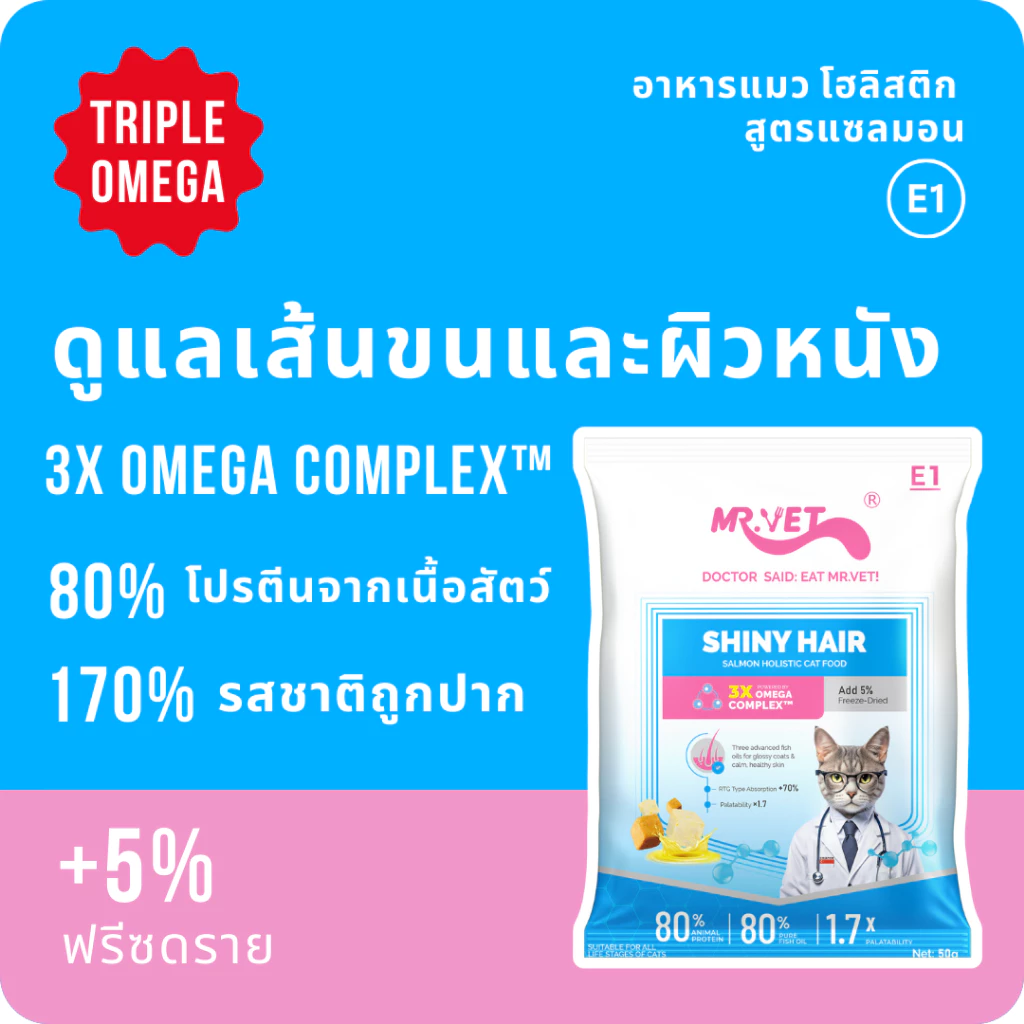 MR.Vet E1 อาหารแมวพรีเมียม 50g – Triple Omega Complex™ เพื่อขนเงางาม สุขภาพผิวดี ด้วยปลาแซลมอนและไก่ โปรตีนสูง 30%