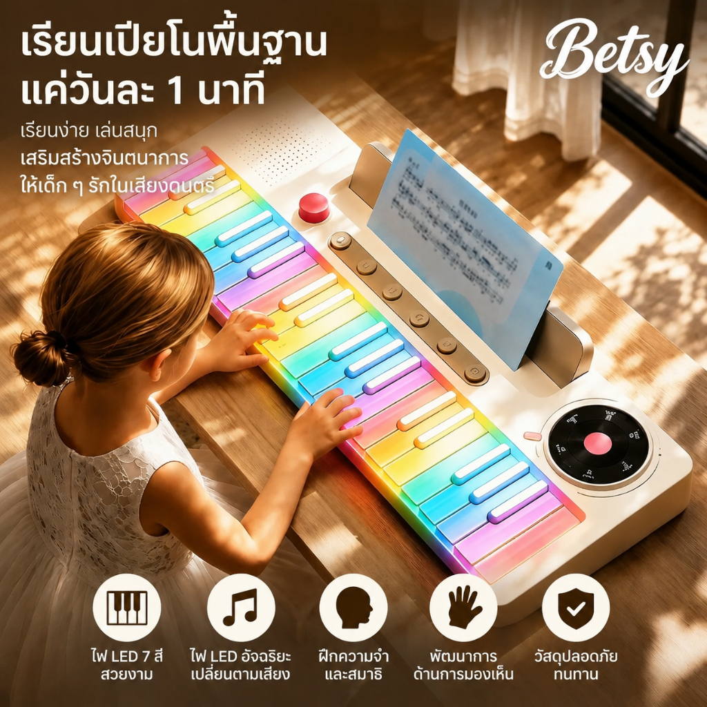 BETSY เปียโน 37 คีย์อัจฉริยะสีรุ้งพร้อมไฟแสดงสถานะแบบเต็มสีท