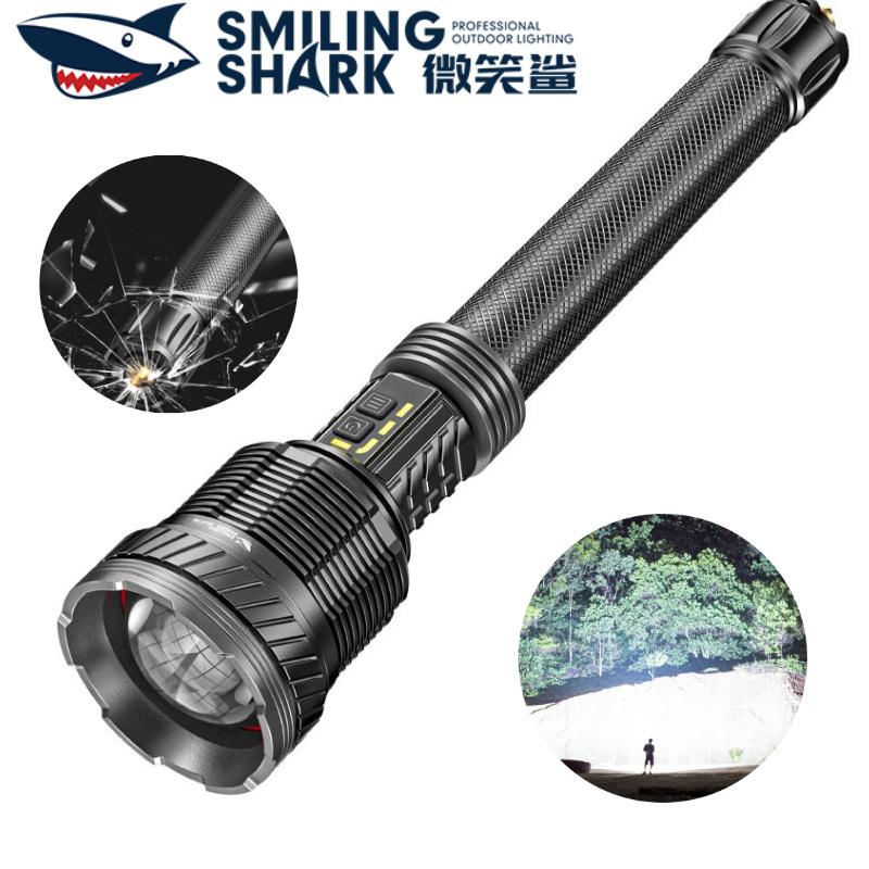 SMILING SHARK 16000LM ไฟฉาย Lumen LED ซูมไฟฉาย 5 โหมด 3*26650 Type-c ชาร์จพร้อมค้อนกลางแจ้ง Typhoon 