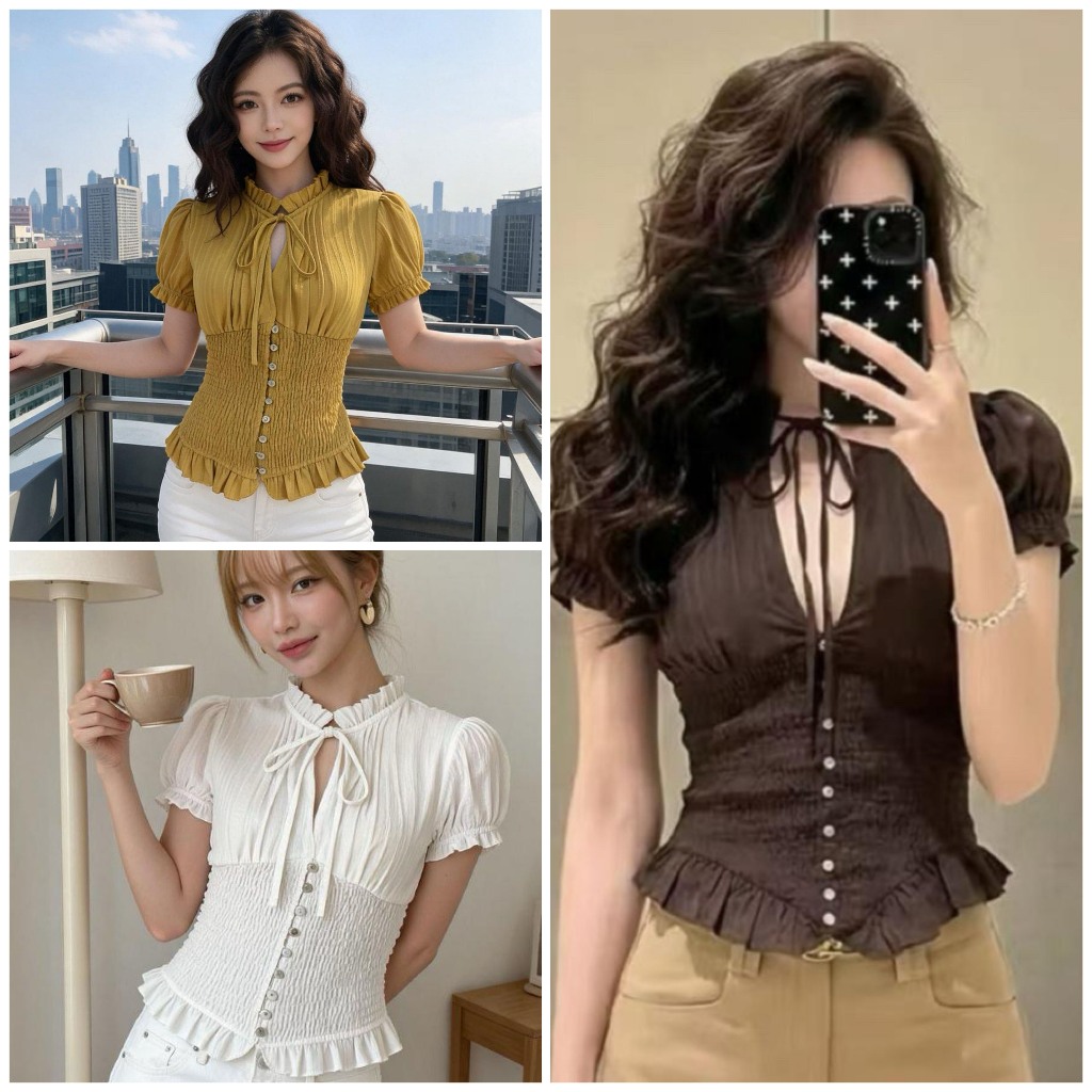 Retro สีกาแฟจีบแขนสั้น Halterneck Laced-Up ลึก V-Breasted เอวขนาดเล็ก Man Slimmer ดู Pure Desire ด้านนอก Top