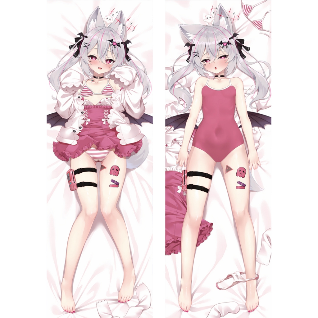 VRChat Karin ปลอกหมอนเต็มตัว Dakimakura พิมพ์สองด้านสีขาวสีเทาผม Red Eye Fox-Eared Fox-Tailed Beastm