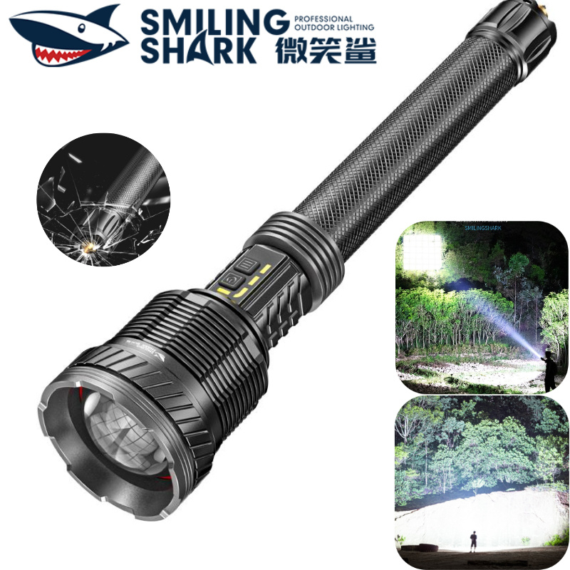 【16000LM】SMILING SHARK High Lumen ไฟฉาย LED ซูมไฟฉาย 5 โหมด 3*26650 Type-c ชาร์จพร้อมค้อนกลางแจ้ง Ty