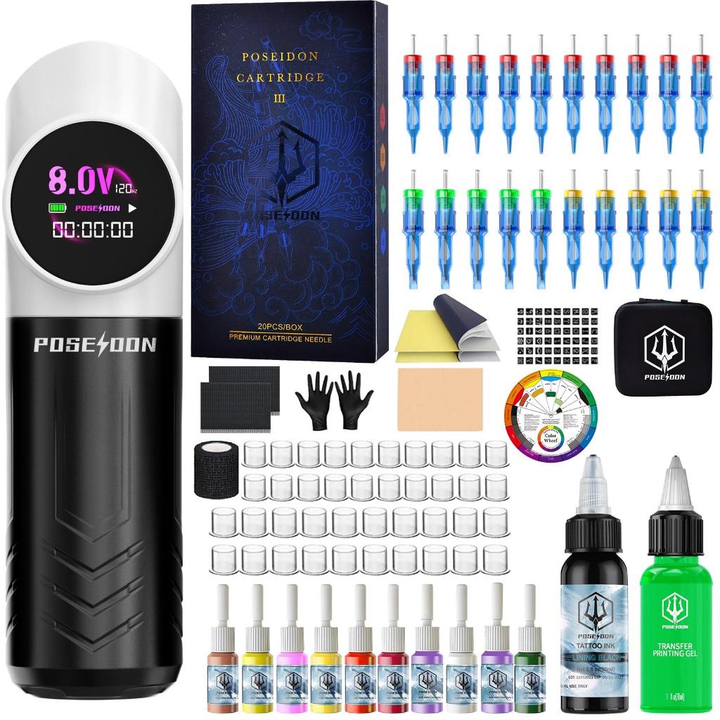 POSEIDON Tattoo Machine Set - เครื่องสักพร้อมแหล่งจ่ายไฟไร้สาย 1500mAH, เข็มสัก 20 ชิ้น & Transfer Gel - ชุดสักครบชุดสําหรับศิลปินและผู้เริ่มต้น