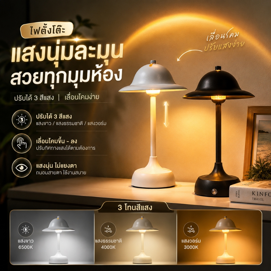 NHLS โคมไฟตั้งโต๊ะ LED สัมผัส ไฟกลางคืนดีไซน์สวย มีแบตเตอรี่ 1200mAh ในตัว 3 โหมดแสง ปรับความสว่างได้