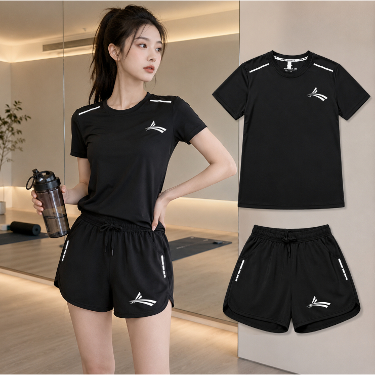 ชุดกีฬาสุภาพสตรีเสื้อยืดแขนสั้น + กางเกงขาสั้น Quick-Drying Breathable วิ่งโยคะฟิตเนสสวมใส่ขนาดใหญ่ M-4XL