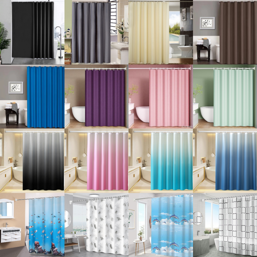 【12H Ship】180x180CM ห้องอาบน้ำม่านอาบน้ำกันน้ำราวม่านประตูสีดำสีขาวเทาน้ำเงินเบจน้ำตาลสีชมพูเขียวม่วงแดงไล่ระดับ PEVA ม่านอาบน้ำกัน Black White Gray Blue Beige Brown Pink Green Orange Pink Gradient Plaid Striped Ocean Leaf Flower Waterproof Shower Curtain