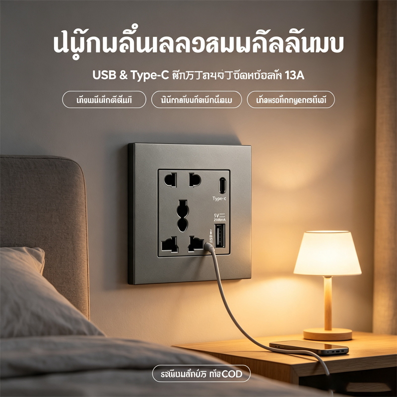 ปลั๊กไฟติดผนัง USB & Type-C แผงกระจกคริสตัล 13A ปลั๊ก UK มี USB ในตัว ดีไซน์หรูหรา (ปลั๊กผนัง)