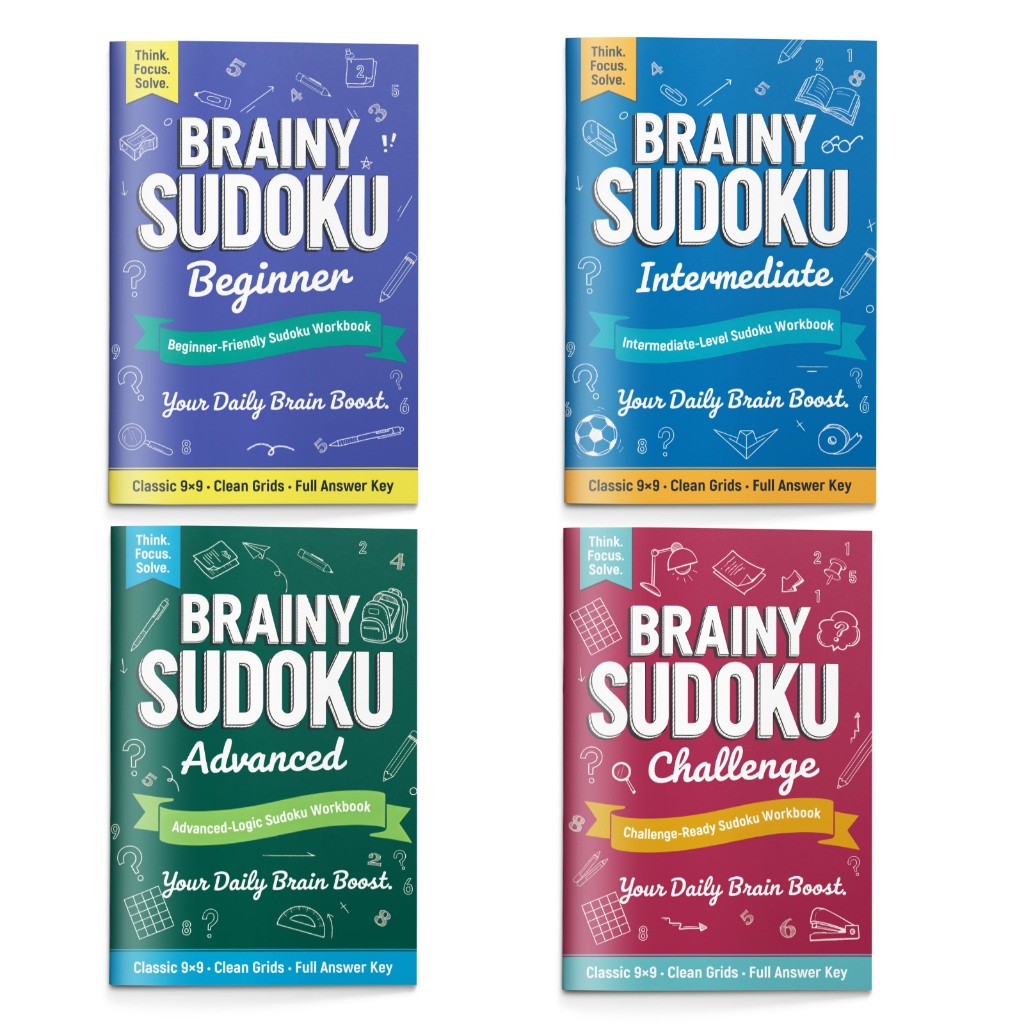 In-stock, จัดส่งรวดเร็ว หนังสือปริศนา Brainy Sudoku: 4 ระดับ, Single หรือครบชุด, เกมสมอง 9x9 พร้อมคํ