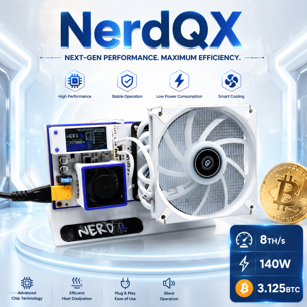 Bitcoin Miner Nerd QX 8T 140W การบริโภคพลังงาน BM1370 สีขาวใช้ในบ้าน Solo Miner พร้อม PSU สําหรับการ