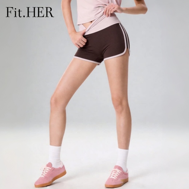 Fit.HER เอวสูงสีบล็อกกางเกงขาสั้นผู้หญิงด้านข้าง Stripe Slimming Gym กางเกงขาสั้นโยคะวิ่งออกกําลังกายกางเกงร้อนสบายๆ Activewear