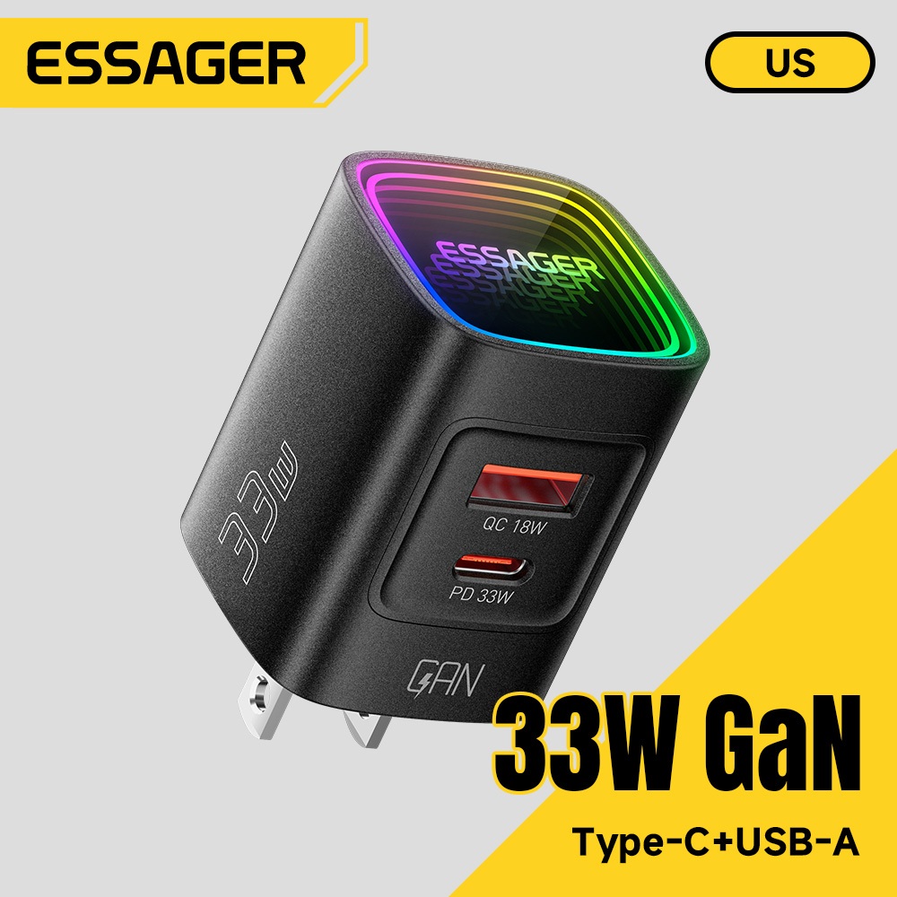 ESSAGER 33W GaN Fast Charger พร้อม Touch Control Abyss Ambient Light 1A1C Travel Power Adapter หลายอุปกรณ์ชาร์จพร้อมกัน