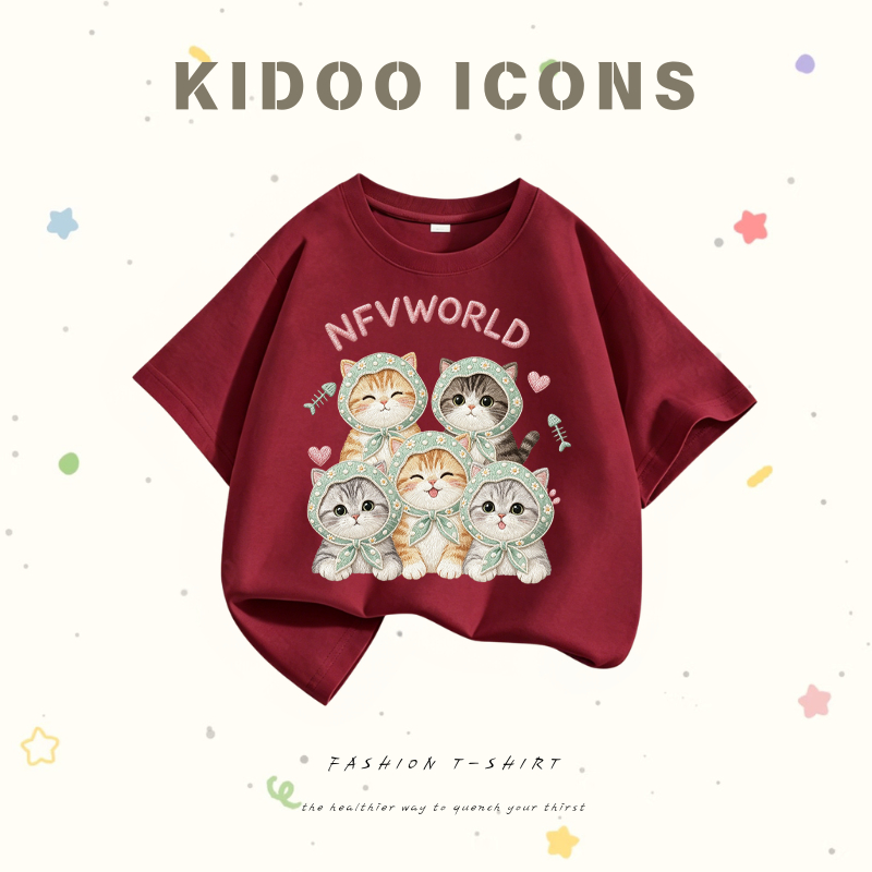 KIDOO ICONS เสื้อเด็กผู้หญิงฤดูร้อน ลำลอง ทรงหลวม ลายการ์ตูนแมวน้อยใส่ผ้าโพกหัวสไตล์งานปัก ผ้าฝ้าย 100% #A01+5725