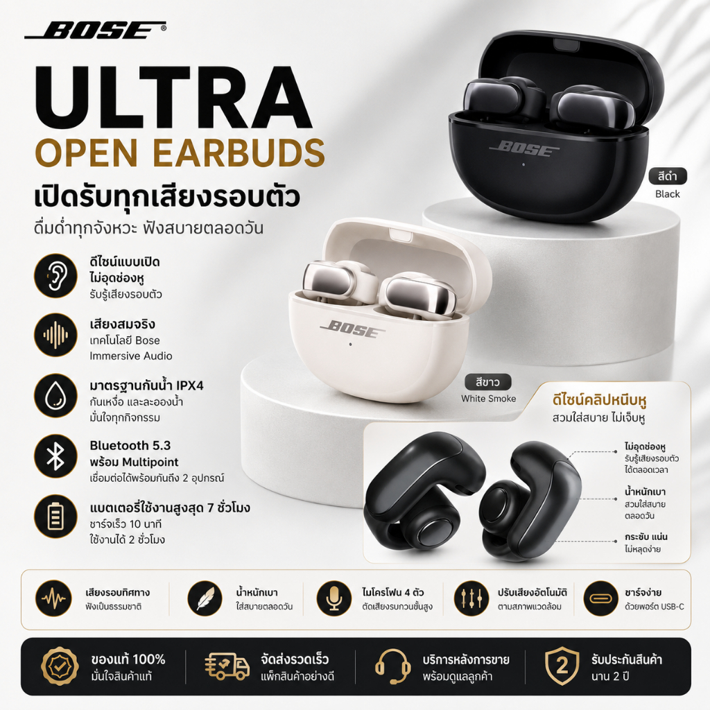 Bose Ultra Open Earbuds หูฟังไร้สาย Open Ear Bluetooth 5.3 OpenAudio Immersive Audio IPX4 ไมค์ในตัว Multi-Point ของแท้