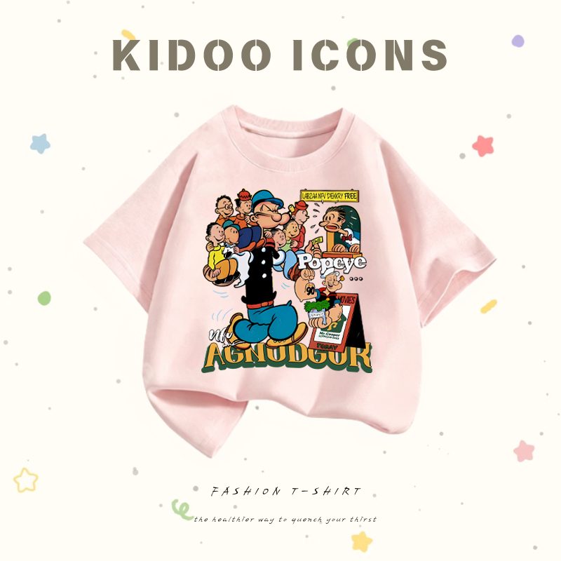 ✨จัดส่งตลอด 24 ชั่วโมง✨ KIDOO ICONS มาใหม่เด็กแขนสั้นเสื้อยืดฤดูร้อนการ์ตูนพิมพ์รอบคอผ้าฝ้ายแท้ ลายล