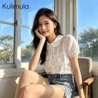 KULIMULA Zoom Blouse เสื้อแขนตุ๊กตา เสื้อคอปกขอบลูกไม้ ทรงครอป แต่งปุ่มผูก สไตล์สวีท สไตล์ฝรั่งเศส สำหรับฤดูร้อน/ทะเล W25