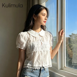 KULIMULA Zoom Blouse เสื้อแขนตุ๊กตา เสื้อคอปกขอบลูกไม้ ทรงครอป แต่งปุ่มผูก สไตล์สวีท สไตล์ฝรั่งเศส สำหรับฤดูร้อน/ทะเล W25