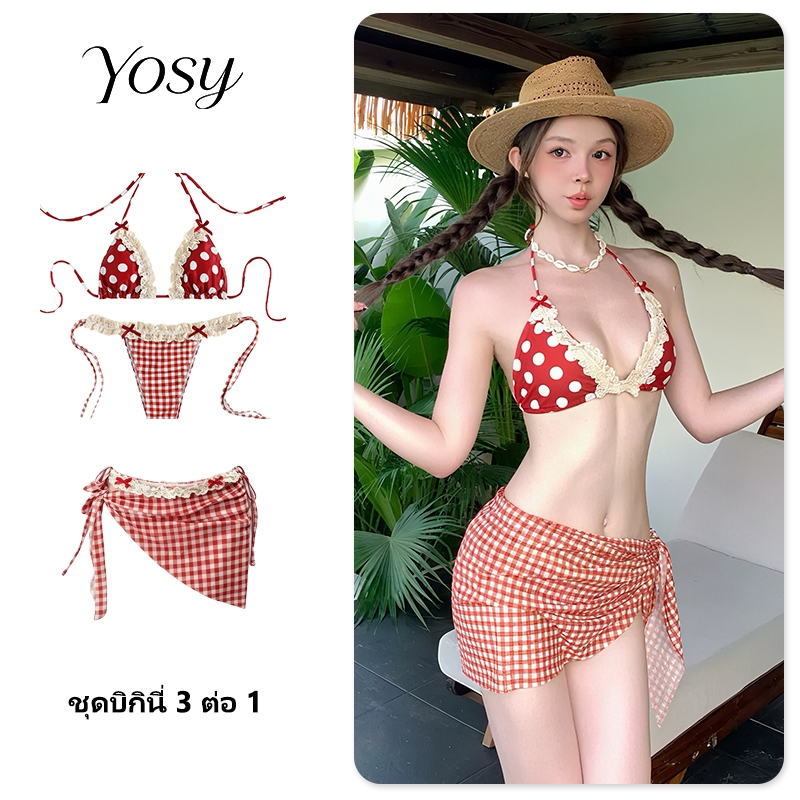 YOSY บิกินี่ผู้หญิงใหม่ปี 2026 ชุดว่ายน้ำ 3 ชิ้น 3in1 บิกินี่ลายจุดเซ็กซี่ ชุดกระโปรงว่ายน้ำ ชุดบิกินี่ สำหรับไปทะเลและพักผ่อน