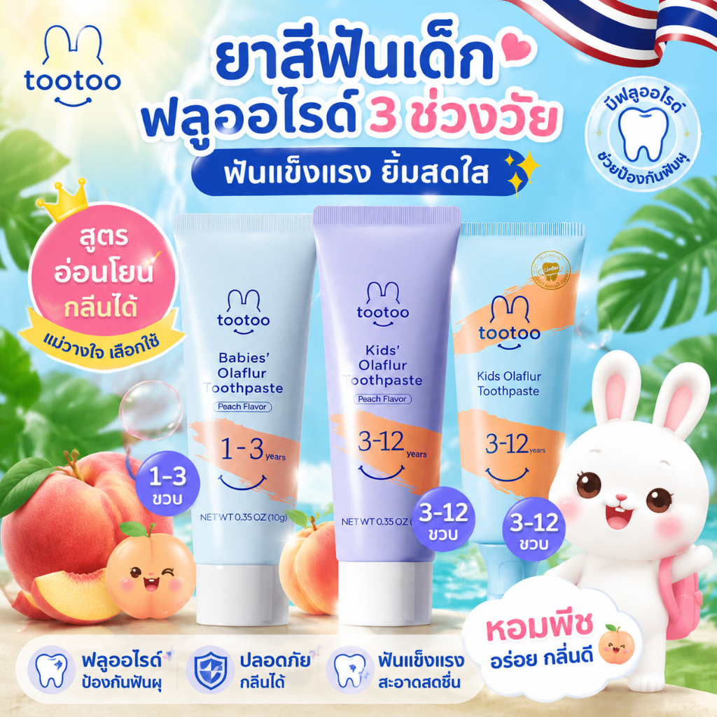 tootoo1-3 ปีเด็กยาสีฟันป้องกันฟันผุป้องกันโพรงฟันที่มีประสิทธิภาพดูแลผลไม้ธรรมชาติสารสกัดจากพีชรส50ก