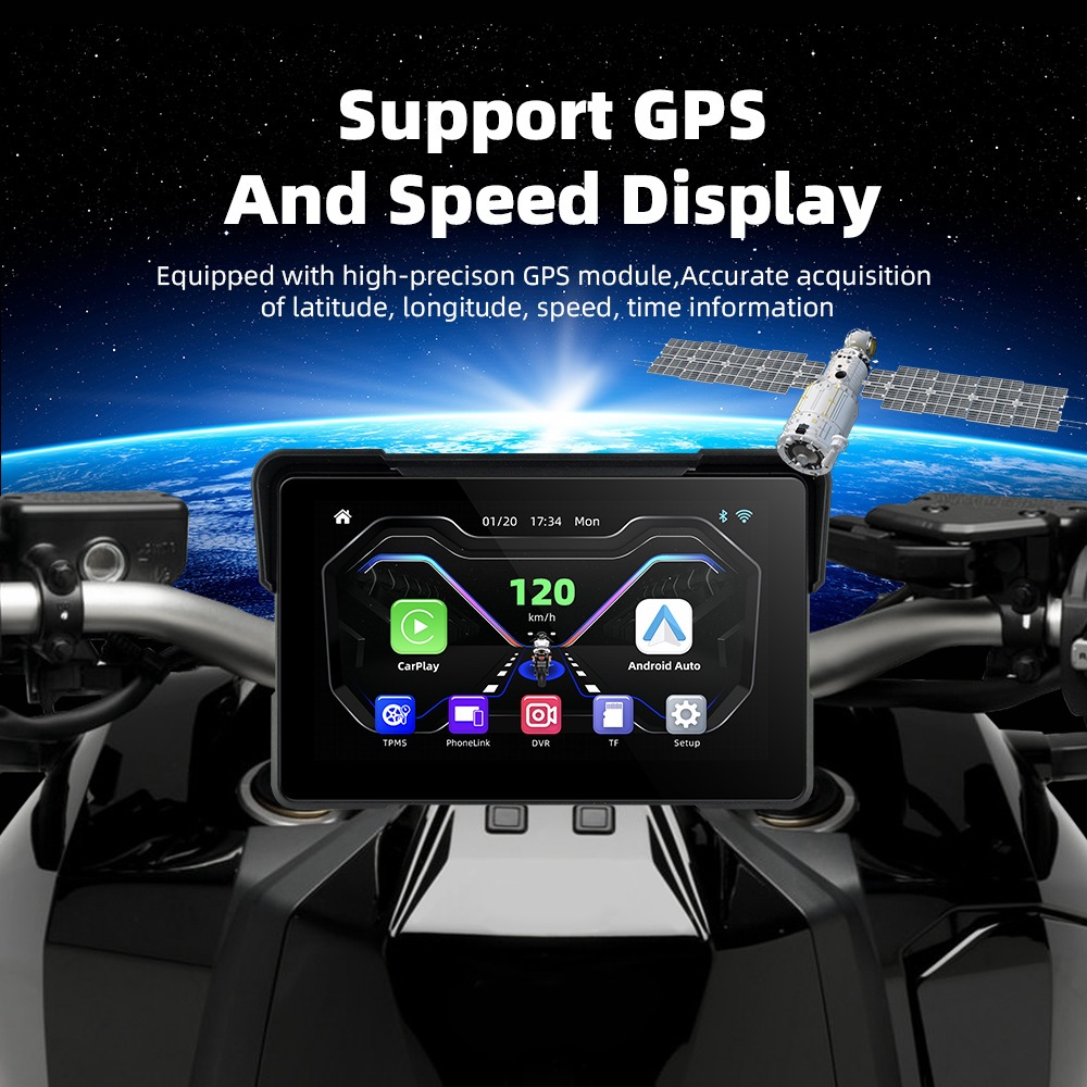 MS-M7-7 นิ้ว มอเตอร์ไซค์ CarPlay เครื่องนําทางแบบพกพาพร้อมเลนส์ความละเอียดสูงแบบบันทึกคู่ทั้งหน้าและ